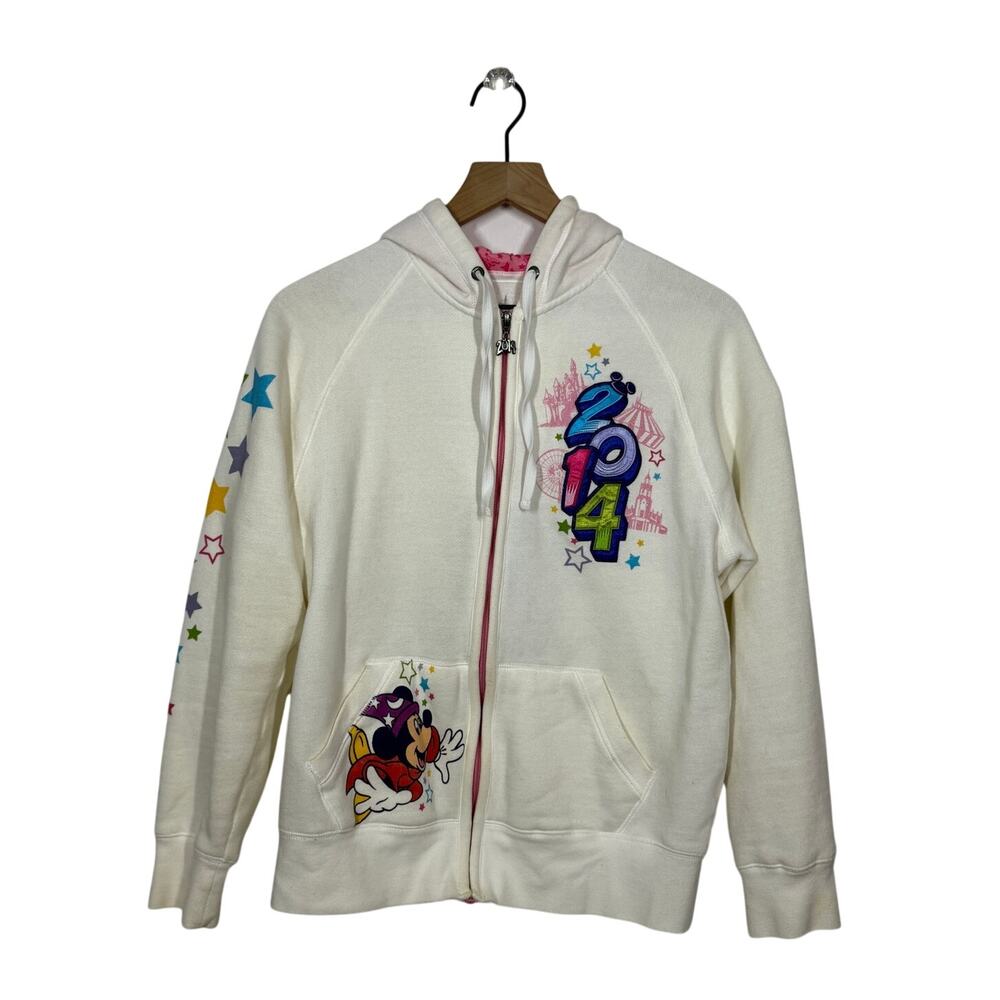 Disneyland 2014 Hoodie Womens Med White Full Zip Sweatshirt Embroidered Glitter